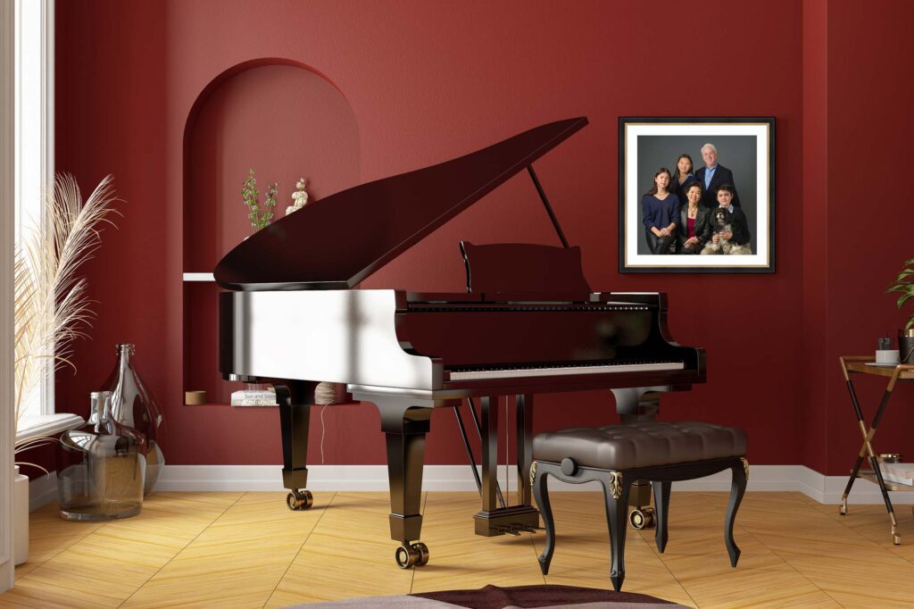 family portrait elegantly framed hanging in music room