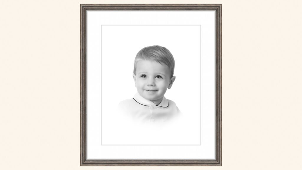 Classic black and white Heirloom Portrait of a young boy in a gray wooden frame with white mat | Lisa Maco Photography