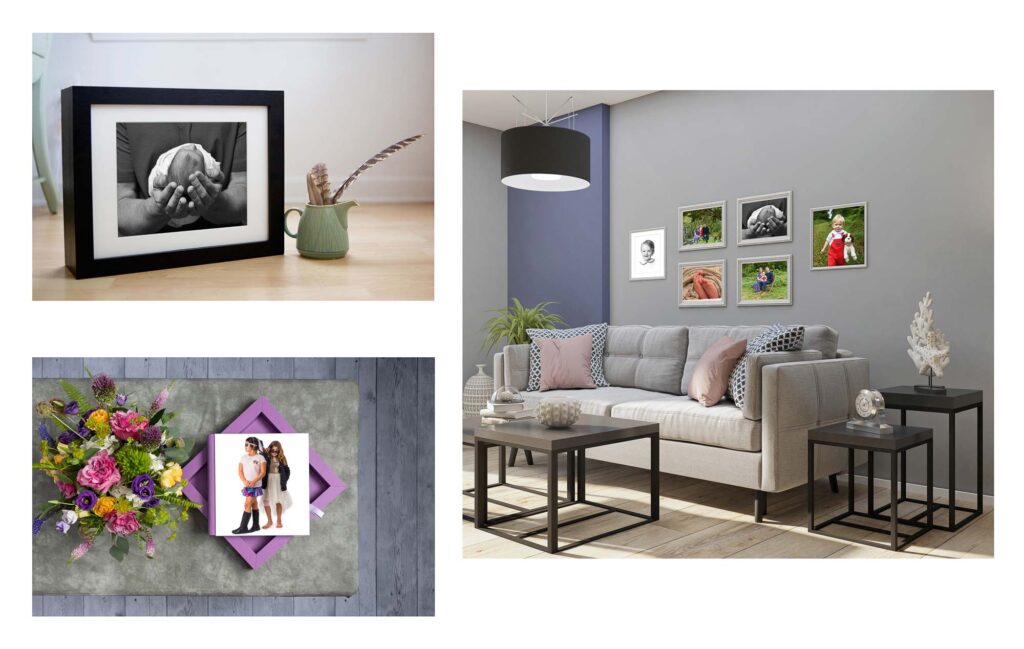 photos of a portrait box, an album, and a gallery wall