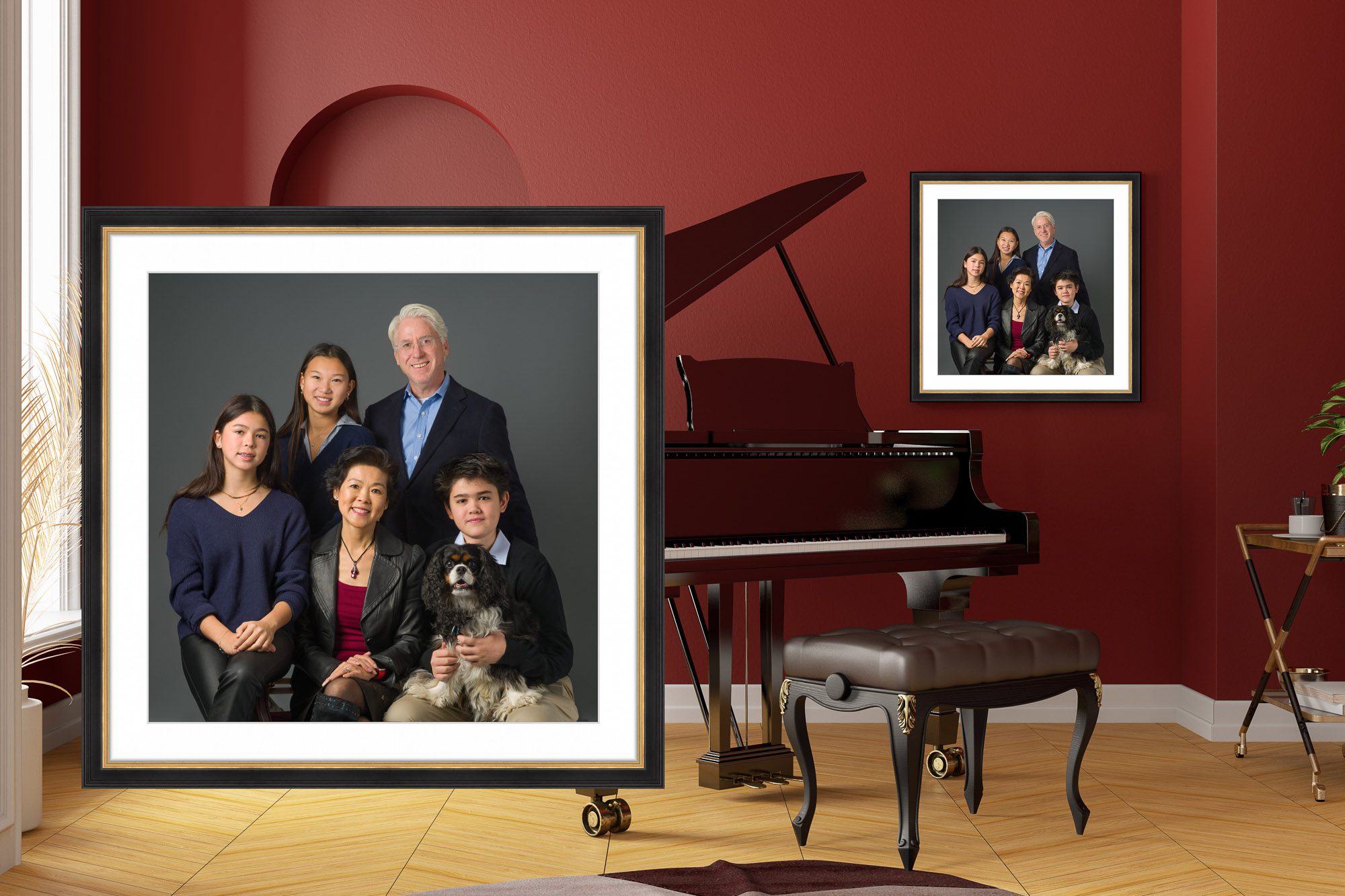 framed family photo on wall of music room
