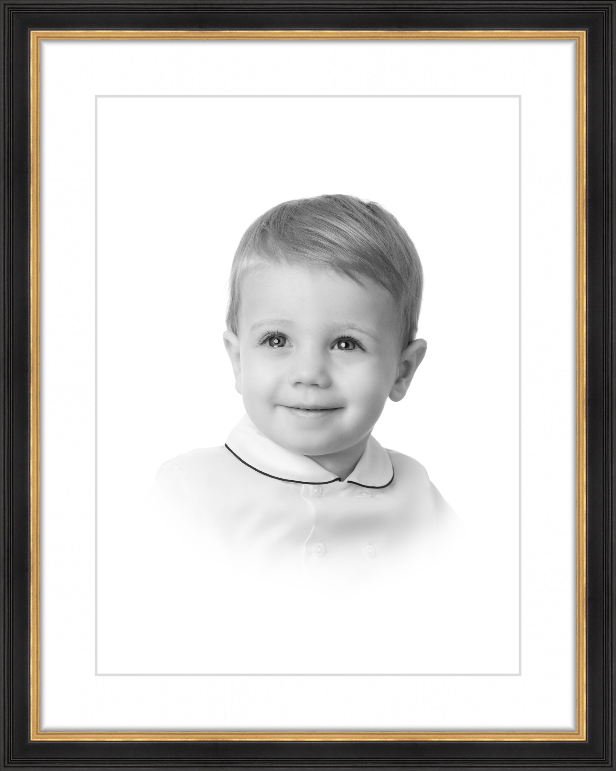 Heirloom Portrait toddler boy in black frame with gold beading