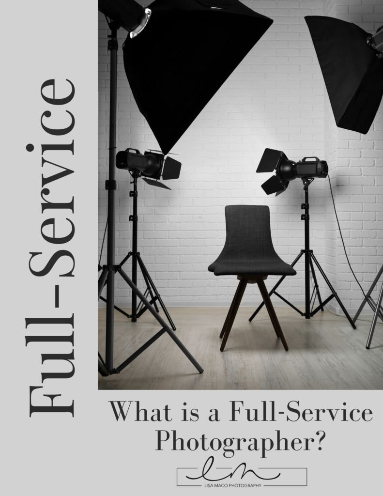 Professional photography studio setup with lighting equipment, tripods, and empty chair against white brick wall