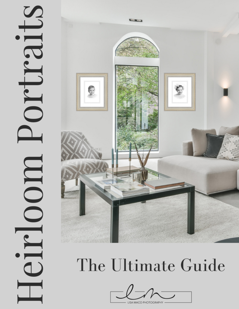Heirloom Portraits Ultimate Guide book cover featuring a modern living room with framed portraits and arched window
