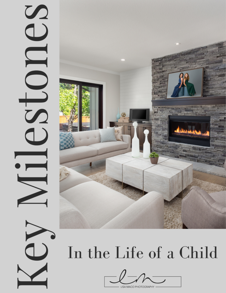 Key Milestones in the Life of a Child book cover featuring a modern living room with fireplace and family portrait