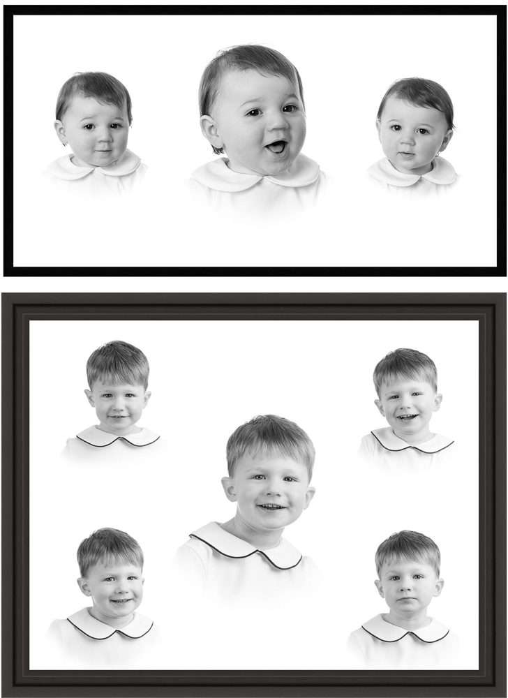 Two black and white portrait composites showing young children displaying various expressions and smiles