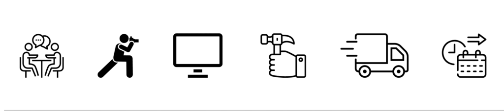 Six simple line icons representing consultation, action, display, tools, delivery, and scheduling services