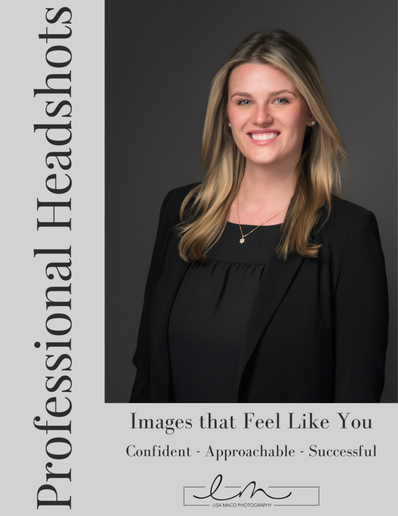 Professional headshot of smiling woman in black blazer with text about professional headshots and photography services