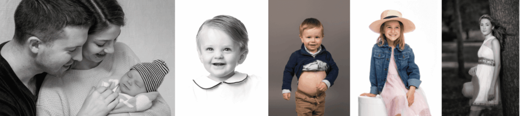 Collage of professional portraits showing children at different ages and life stages, from newborn to school-age
