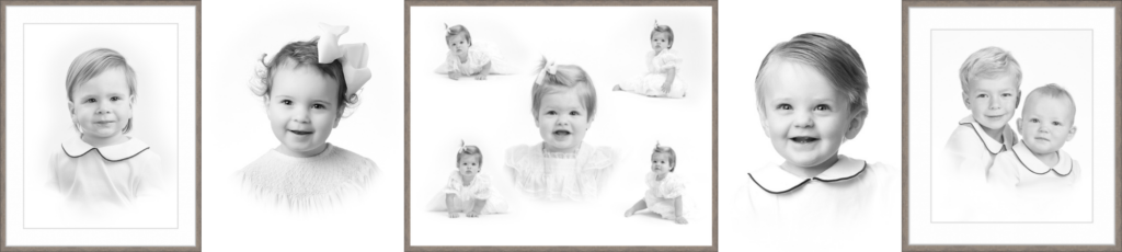 Collection of five black and white pencil-style portrait sketches of young children and siblings