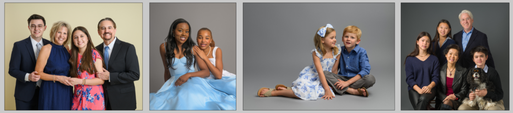 Four professional family portrait photos showing different groups posing together in studio settings with neutral backgrounds