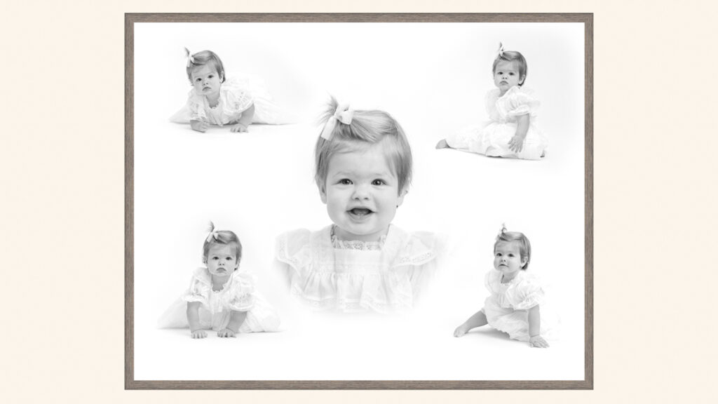 Black and white composite of a smiling baby in white dress surrounded by five smaller portraits showing different poses and expressions